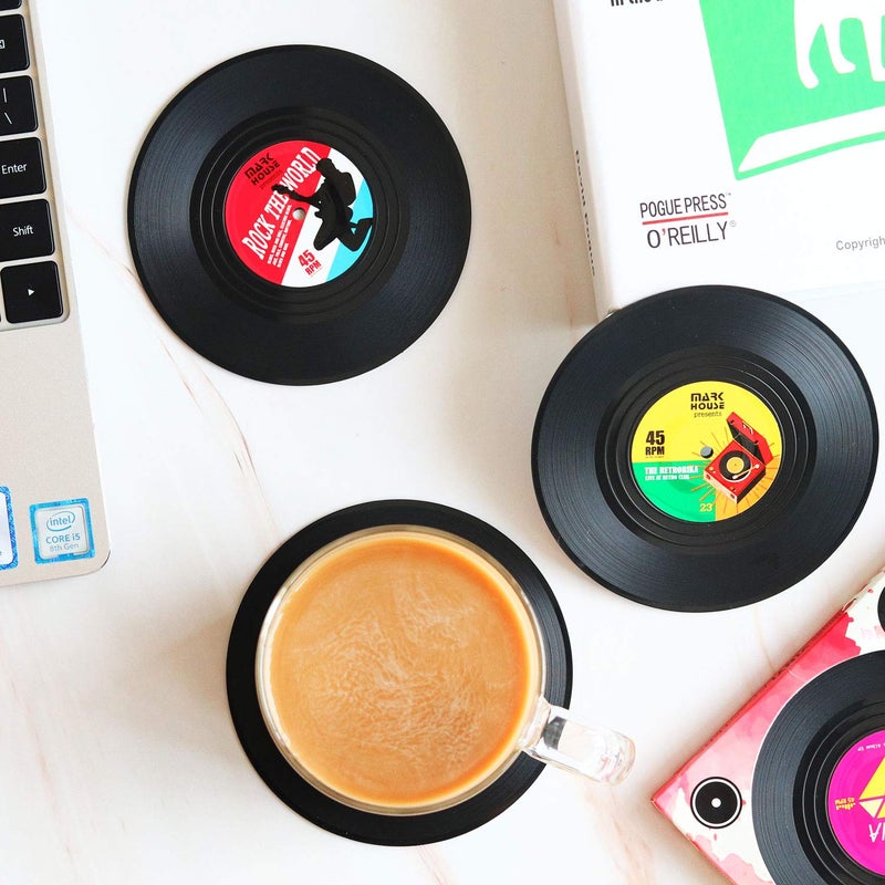 DuoMuo Funny Retro Vinyl Record Coasters for Drinks with Vinyl Record Player Holder for Music Lovers,Set of 6 Conversation Piece Sayings Drink Coaster,Wedding Registry Gift Ideas,Housewarming Hostess Gifts - Image 2